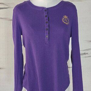 Ralph Lauren Henley T-Shirt Top Womens Medium Purple Monogram Crown Logo